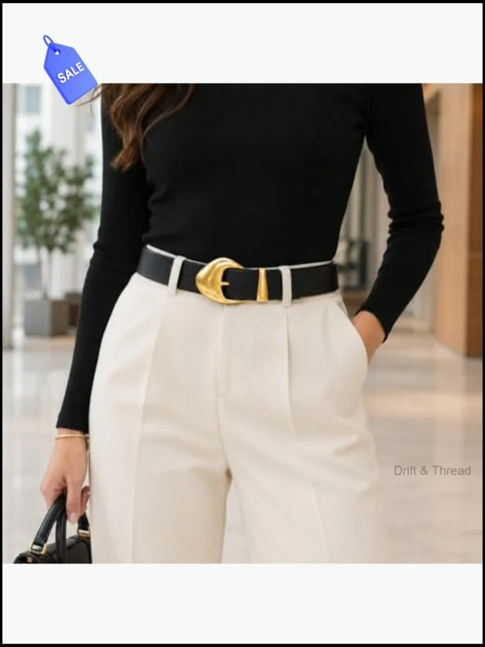 Chunky Gold Buckle Vegan Leather Belt Adjustable Wide Waist Belt for Women High